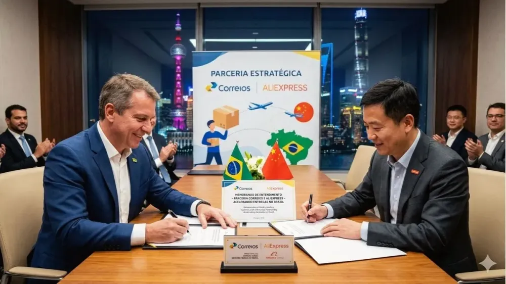 Autoridades do Ministério das Comunicações, executivos dos Correios e representantes do AliExpress formalizam o acordo de cooperação logística durante missão oficial na China. | Imagem gerada por IA/Gemini